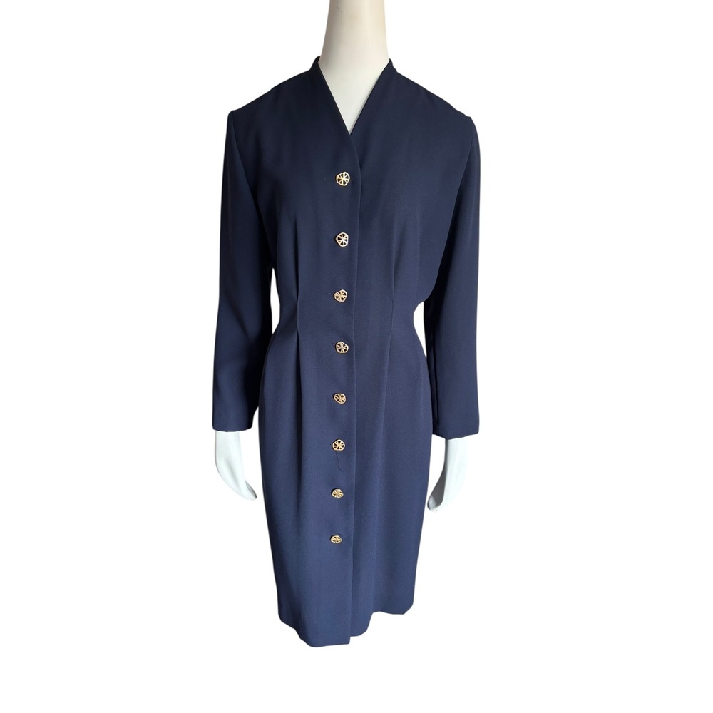 Vintage Navy Blue Button‎ Front Dress Long Sleeve Modest Career Work